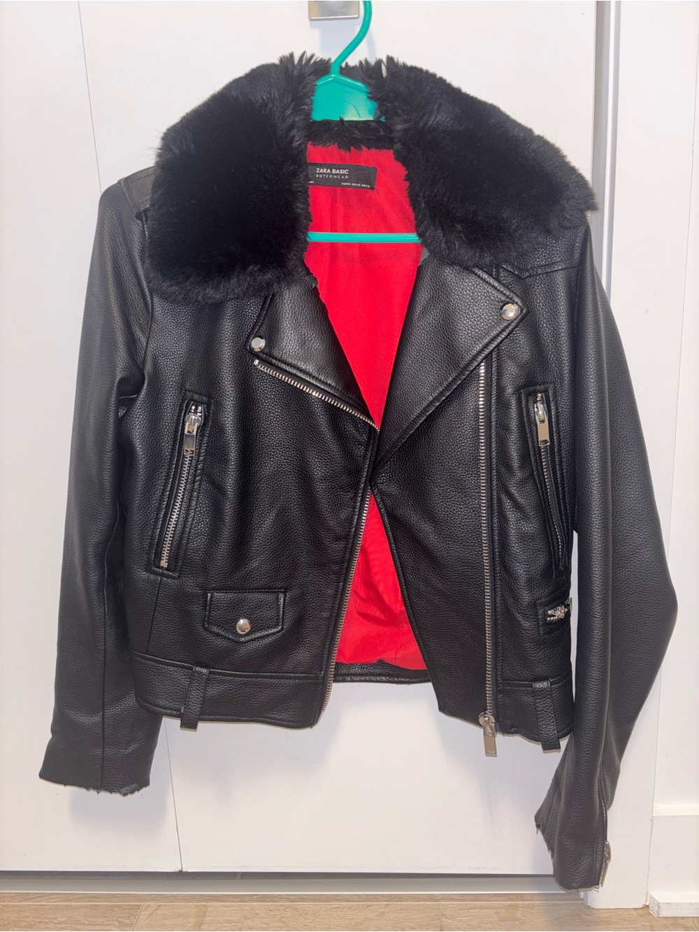 Zara Black Faux Leather Jacket with Fur Collar